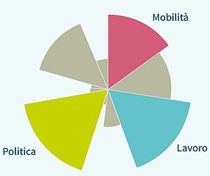 Un diagramma a torta in cui i tre segmenti più grandi - politica, lavoro e mobilità - sono ingranditi, colorati e nominati.