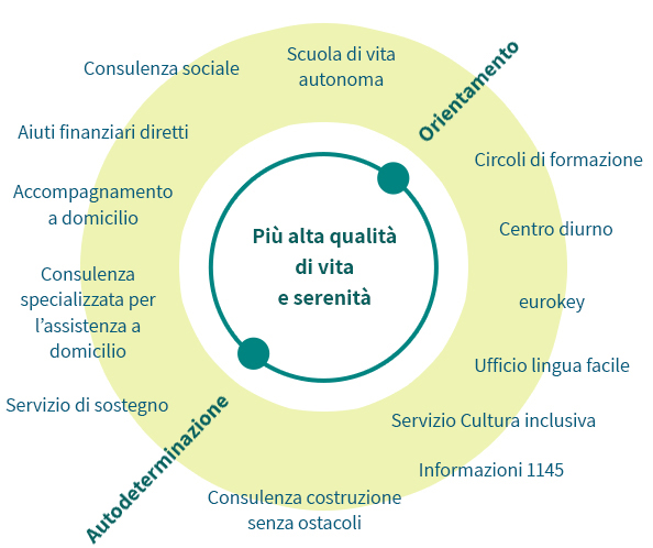 Grafico con le prestazioni di Pro Infirmis volte a promuovere la qualità e la gioia di vivere, l’orientamento e l’autodeteminazione: consulenza sociale, aiuti finanziari diretti, accompagnamento a domicilio, consulenza specializzata per l’assistenza a domicilio, servizio di sostegno, costruzione senza ostacoli, informazioni 1145, servizio Cultura inclusiva, ufficio lingua facile, eurokey, centro diurno, circoli di formazione, scuola di vita autonoma.