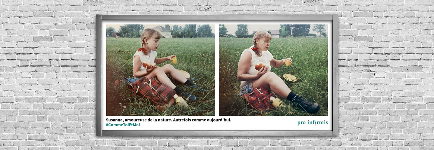 Susanna, amoureuse de la nature. Autrefois comme aujourd’hui. À gauche, une fillette blonde en train de pique-niquer sur l’herbe. À droite, la même personne désormais adulte rejoue la scène.